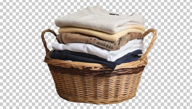 Wicker basket with folded clothes isolated on transparent background