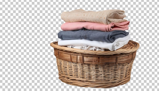 PSD wicker basket with folded clothes isolated on transparent background