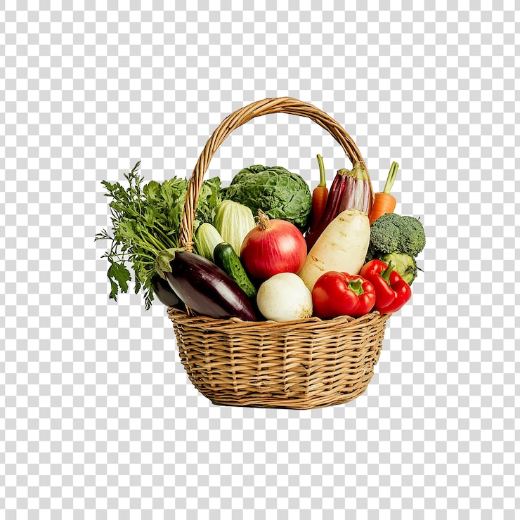 PSD wicker basket with garden vegetables isolated on white background