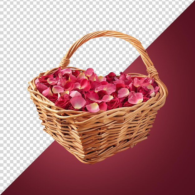 PSD wicker heart shaped basket filled with rose petal png