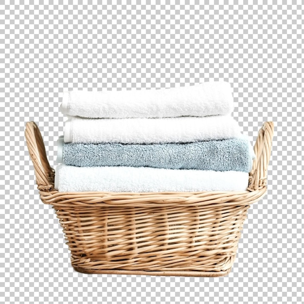 Wicker laundry basket with clean towels isolated on transparent background
