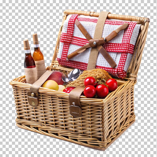 Wicker picknick houten mand met servies eten en drinken picknick set 3d rendering op doorzichtige achtergrond