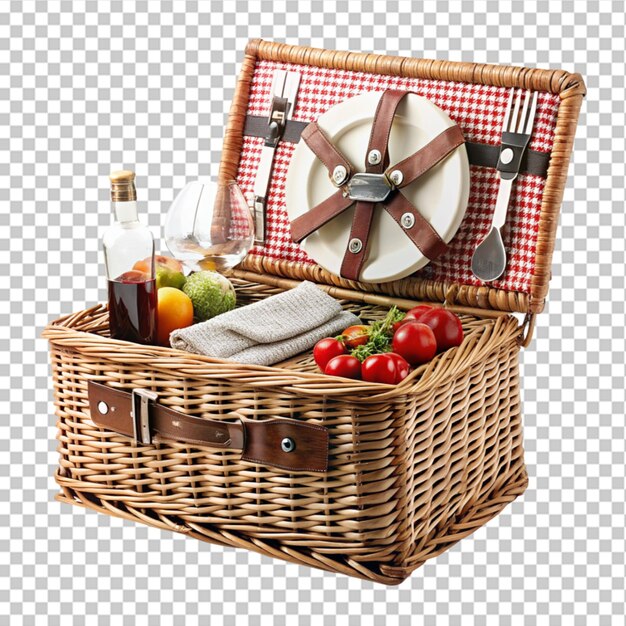 PSD wicker picnic wooden basket with tableware food and drink picnic set 3d rendering on transparent background