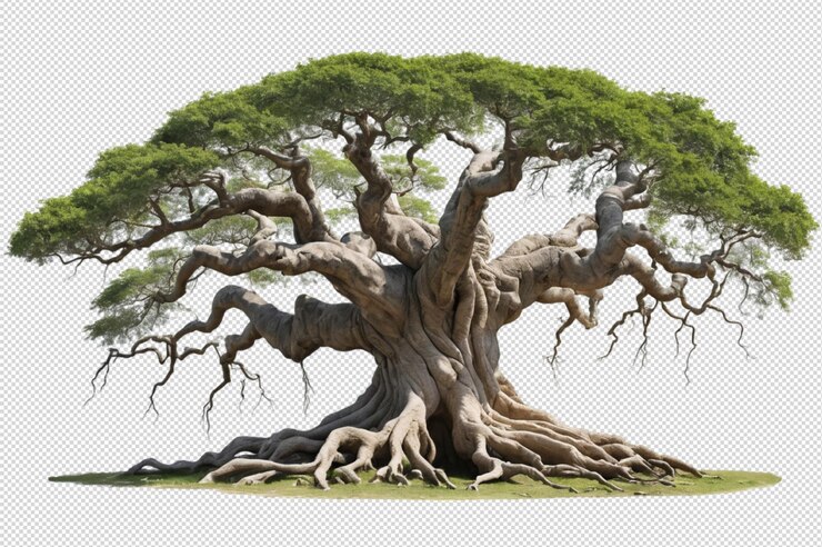 PSD wide ancient tree with twisted branches and