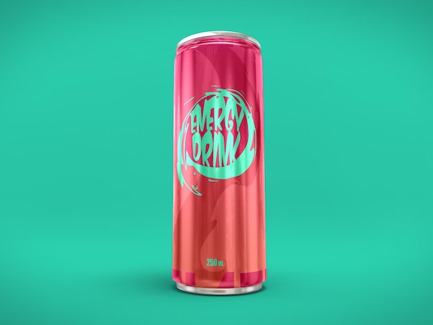 PSD wide angle shot energy drink soda aluminium can standing on color background mockup