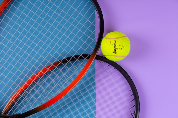 PSD widok makiety piłki tenisowej i rakiety tenisowej