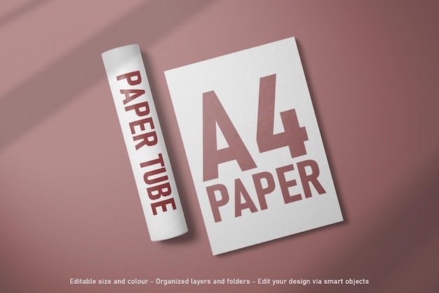 PSD widok z góry pusta, edytowalna makieta papieru a4 i papierowej tuby