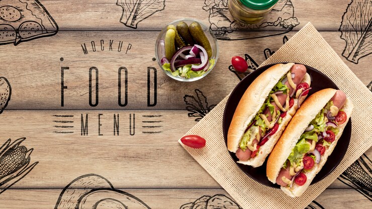 PSD widok z góry pyszne hot dogi na drewnianym stole