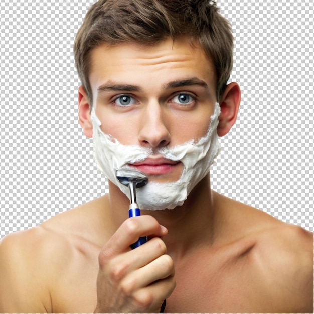 PSD widok z przodu młody mężczyzna golący twarz maszynką do golenia na przezroczystym tle