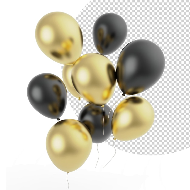 Wiele złotych i czarnych balonów z przezroczystym tłem