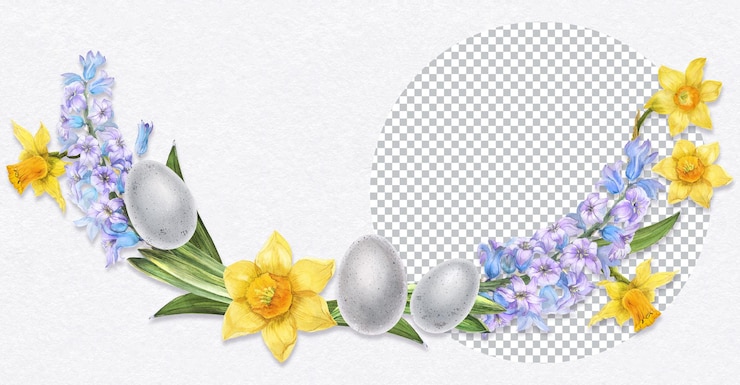 PSD wielkanocna girlanda z kwiatów hiacyntu i żonkila i jaj botaniczna ilustracja kwiatowa akwarela