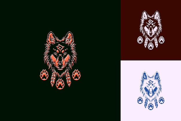 PSD wild american native wolf logo met pawprints en veren creatieve abstracte vectorontwerpen