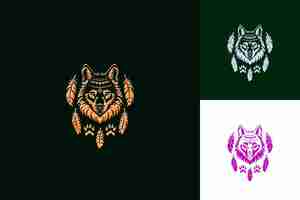 PSD Логотип дикого американского волка с отпечатками лапы и перьями креативные абстрактные векторные проекты