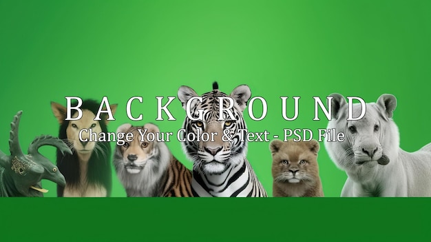 PSD wild zoo animals on white web banner green background grammar