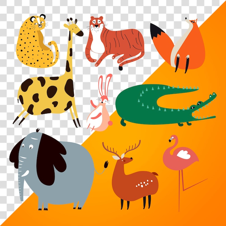 PSD wilde dieren png kleurrijke schattige stickers doodle cartoon set