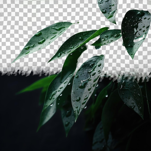 PSD wilgotne zielone liście z kropelami wody w ciemności