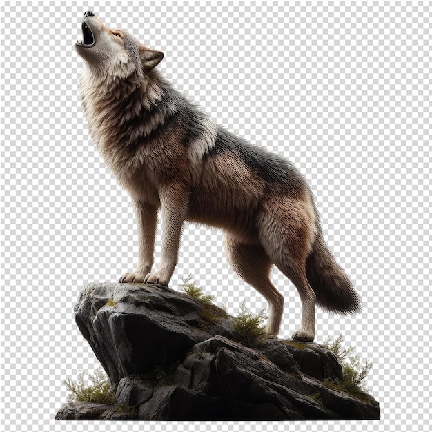 PSD wilk stoi na skale z wilkiem na nim.