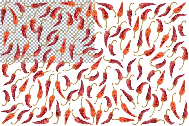 Willekeurig gerangschikte roodgloeiende gedroogde chilipepers geïsoleerd op transparante achtergrond