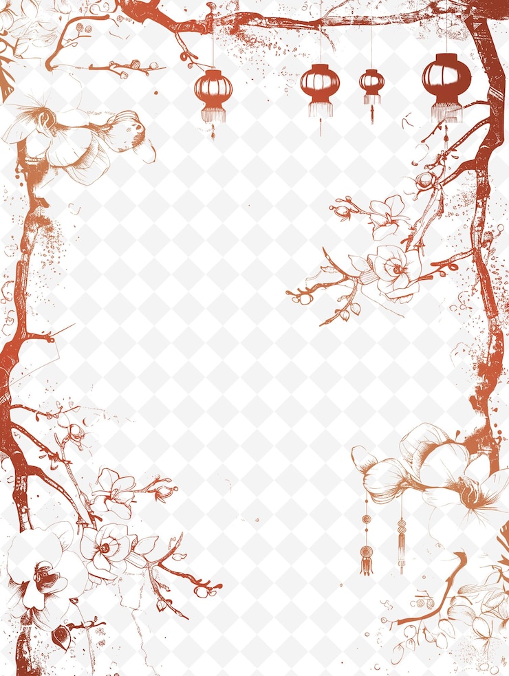PSD willow branch frame with orchid flowers hanging lantern deco creative vector art designs of nature