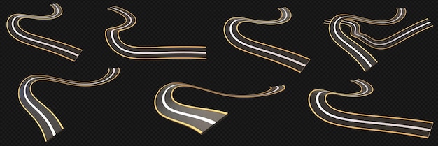 PSD winding curved road or two lane highway with markings isolated 3d icons illustration set