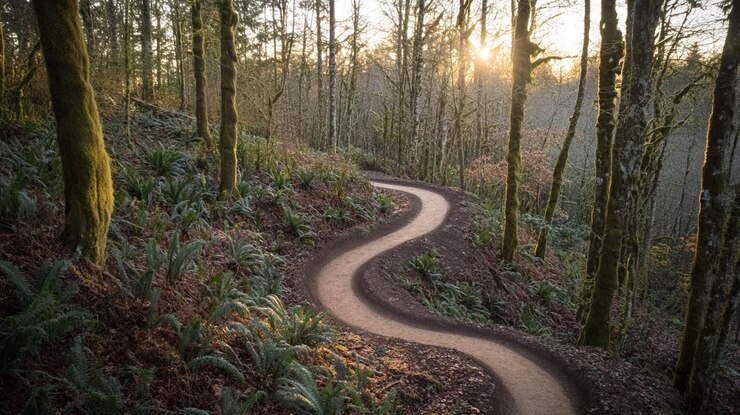 PSD winding forest trail at sunset