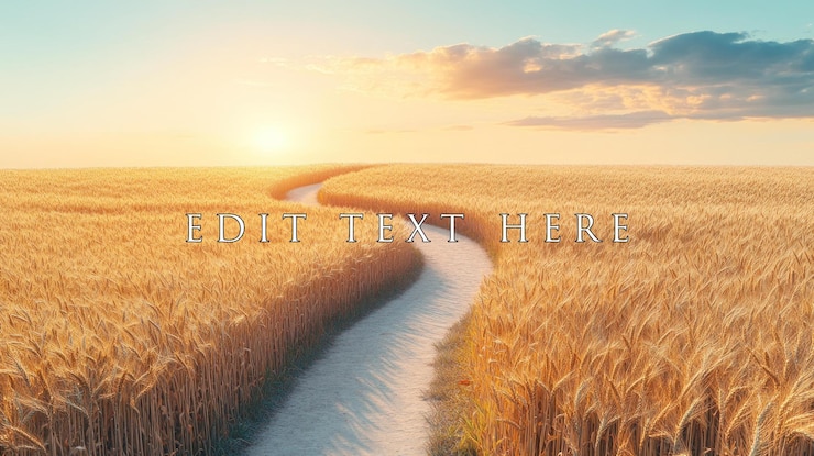 PSD winding path through golden wheat field at sunset