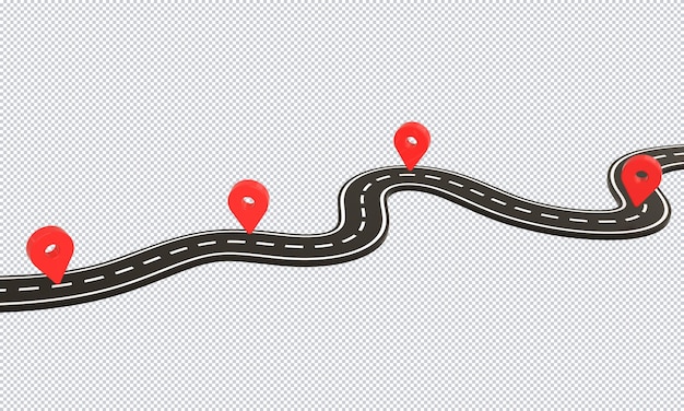 PSD winding road infographics and map location pin rendering design isolated background