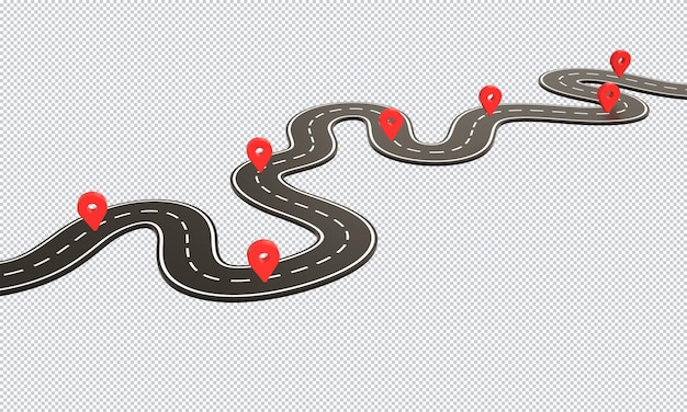 Infografica stradale tortuosa e design di rendering di pin di posizione della mappa isolato sullo sfondo