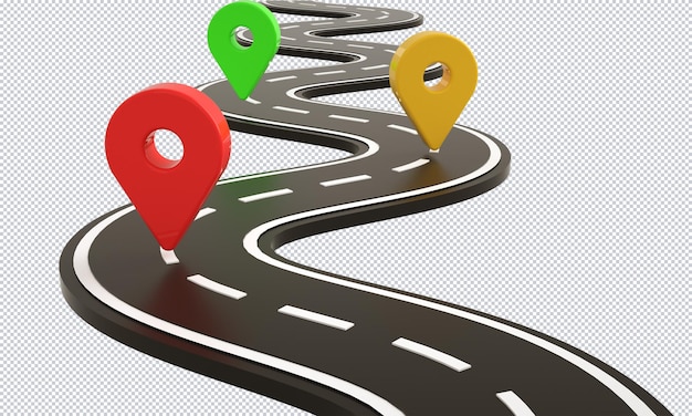 PSD winding road infographics and map location pin rendering design isolated background