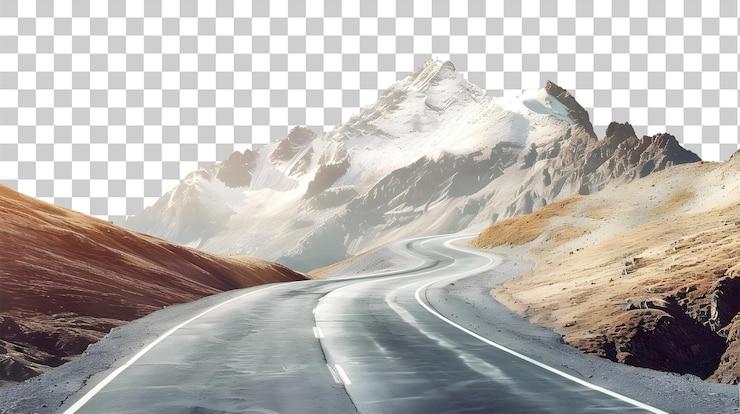 PSD winding road leading to snowy mountain peak isolated on transparent background