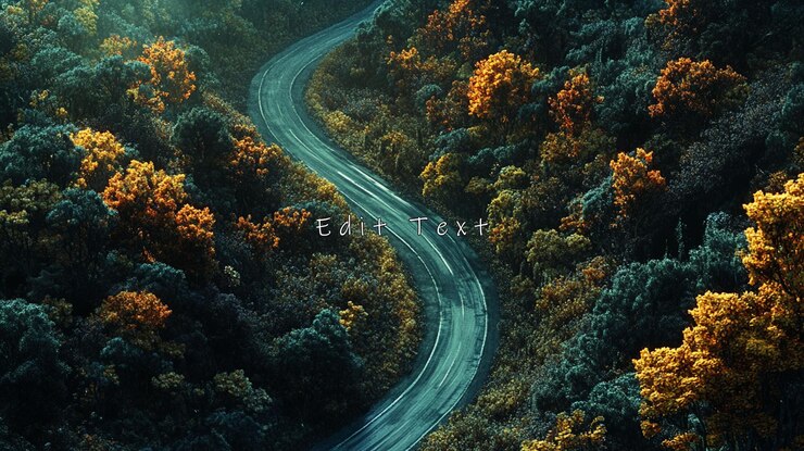 PSD winding road through autumn forest aerial view