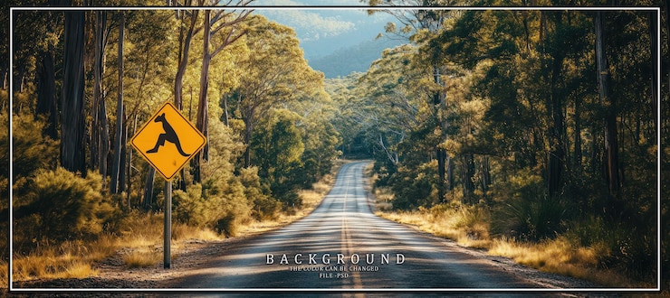 PSD a winding road through a dense forest with a kangaroo warning sign