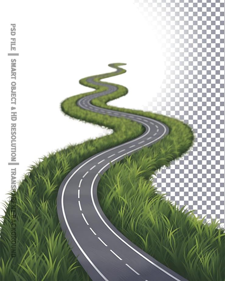 PSD winding road through lush green grass
