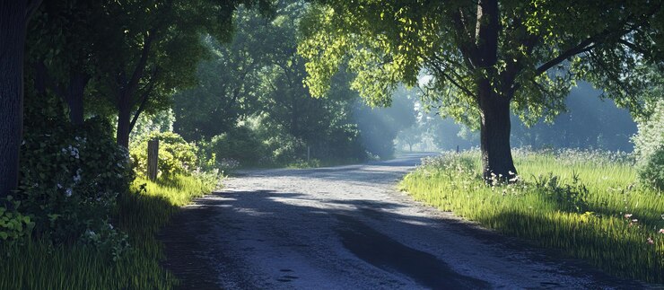 PSD a winding road through a misty forest