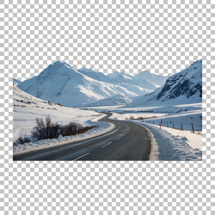 PSD a winding road through a snowy mountain landscape