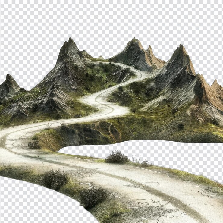 PSD winding rural road through mountains