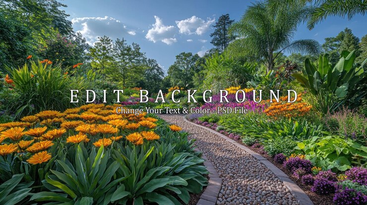 PSD a winding stone path leads through a lush colorful garden with vibrant flowers and greenery under a bright blue sky with fluffy white clouds