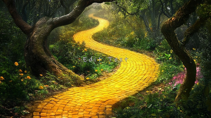 PSD winding yellow brick road through lush forest