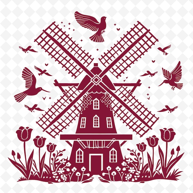 PSD windmill outline with tulip designs and birds tulips bloomi illustration frames decor collection