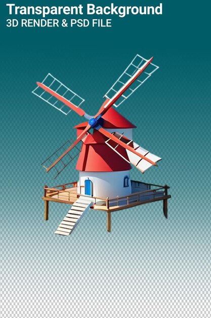 A windmill with a red roof and a blue background