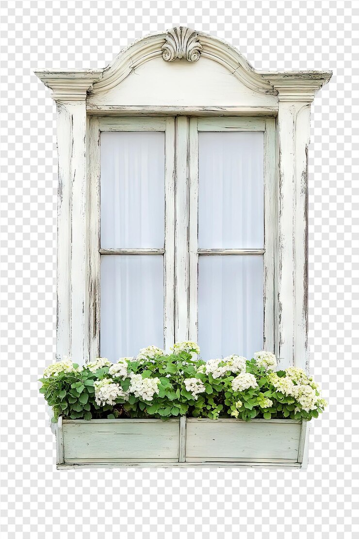 PSD a window with a flower box on a white background