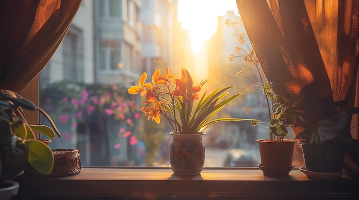 PSD a window with a flower pot and a pot of daffodils on the window sill