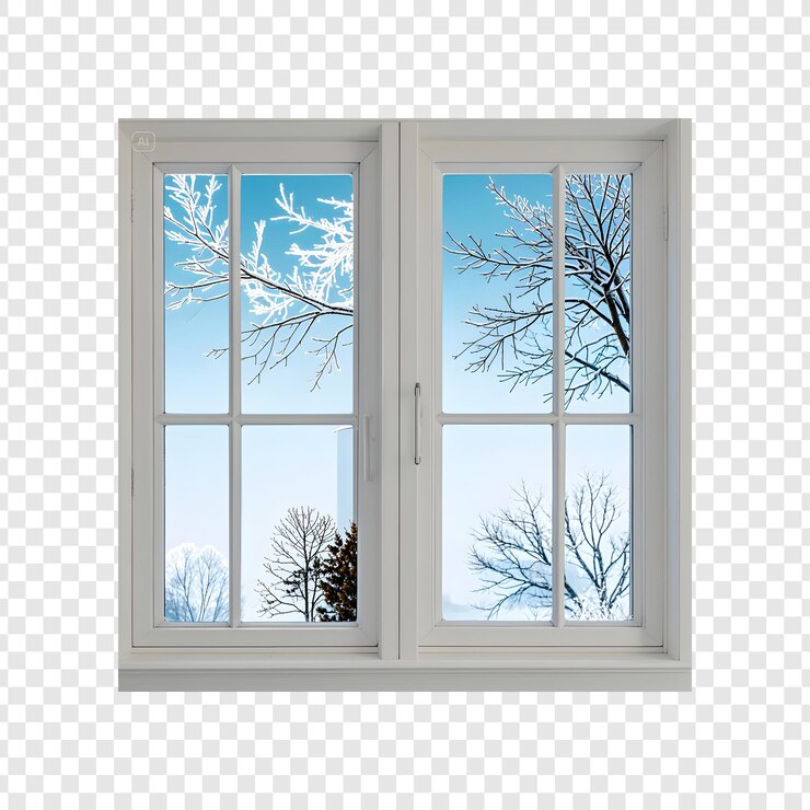 PSD a window with a snow covered tree in the background
