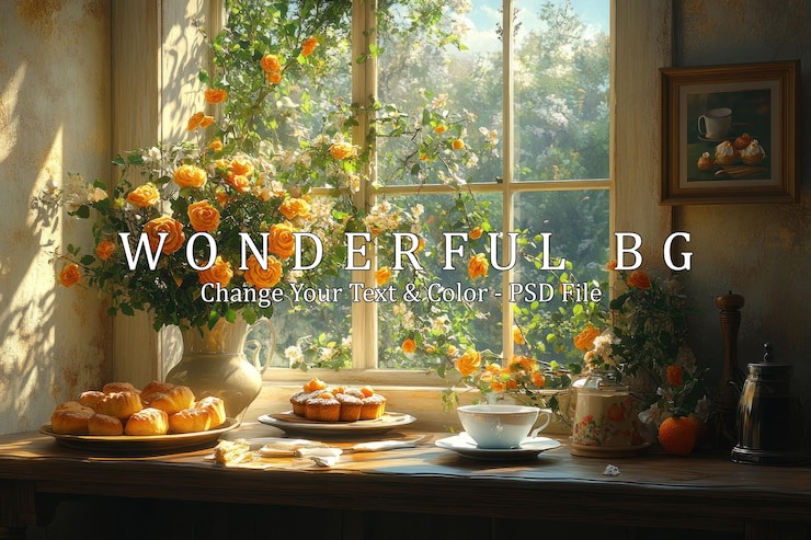 PSD a windowsill with a teapot teacups pastries fruit and a vase of yellow roses with sunlight streaming through the window