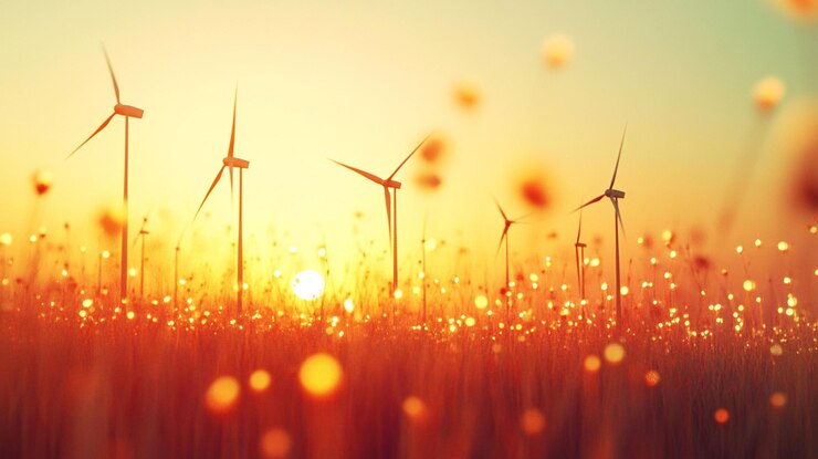 PSD windturbines in een veld bij zonsondergang