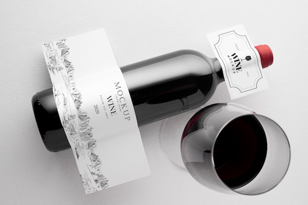 wine bottle label  and glass mock up flat lay