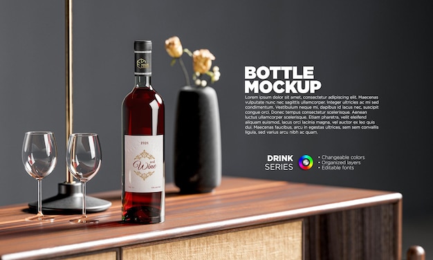 PSD wine bottle mockup with glasses