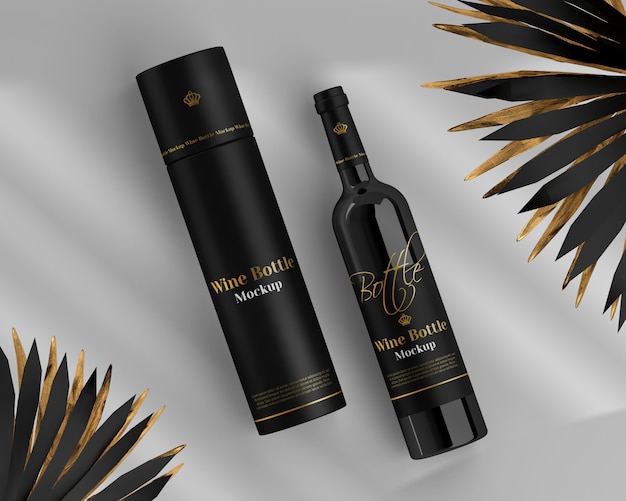 PSD wine bottle mockup with round box and palm