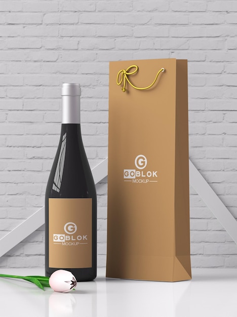 Mockup di bottiglia di vino e sacchetto di carta