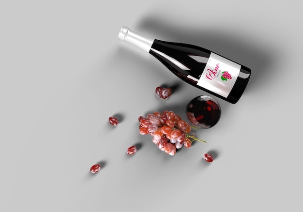 Wine bottle scene with grapes and wine glass mockup template 3d render.